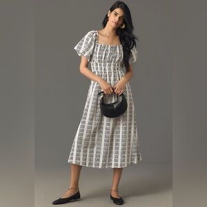 ANTHROPOLOGIE Maeve Puff-Sleeve Square-Neck Smocked Midi Dress SIZE Small